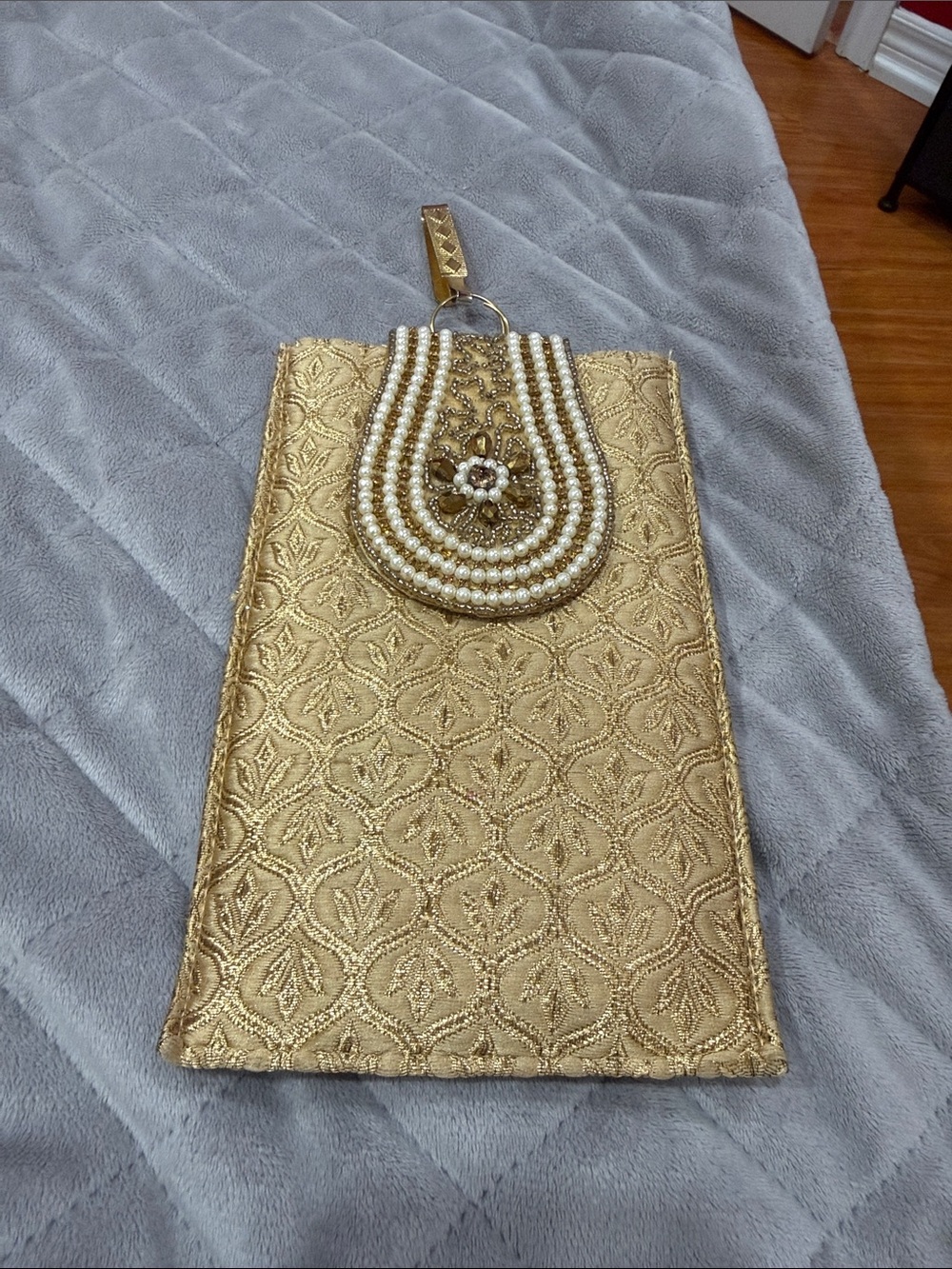 Gold Embellished Women's Clutch with Pearl Detail